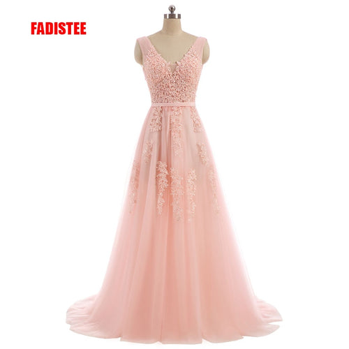 FADISTEE Vestido De Festa Sweet pink Lace V-neck Long Evening Dress Bride Party Sexy Backless beads pearls Prom Dresses