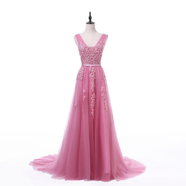 FADISTEE Vestido De Festa Sweet pink Lace V-neck Long Evening Dress Bride Party Sexy Backless beads pearls Prom Dresses