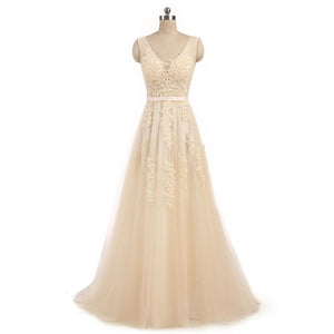 FADISTEE Vestido De Festa Sweet pink Lace V-neck Long Evening Dress Bride Party Sexy Backless beads pearls Prom Dresses