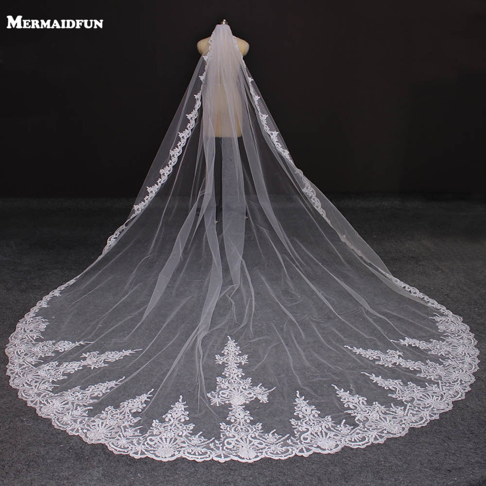 Real Photos 4 Meters Long Full Edge Lace Wedding Veil One Layer White Ivory Tulle Bridal Veil with Comb Veu de Noiva Longo