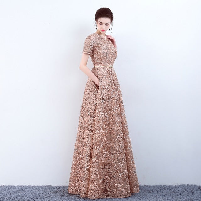With Pockets Fashion Khaki Lace Prom Dress Simple Floor-length Party Formal Evening Gown