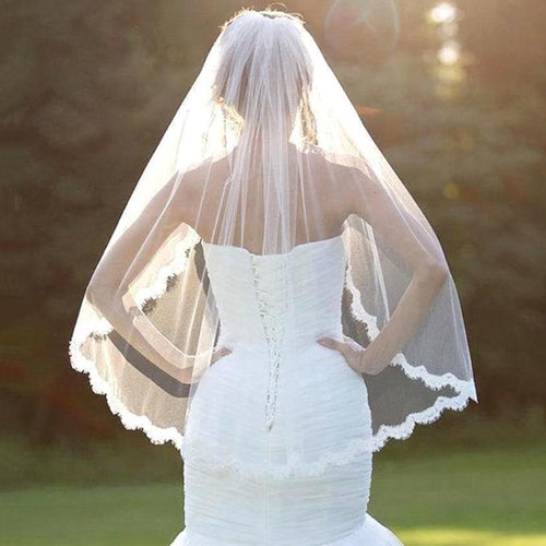 Women Wedding Accessories White Lace Veil 1 Layers Tulle Ribbon Edge Bridal Veils