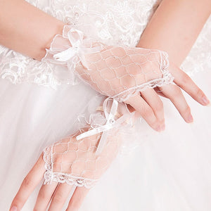 Women Lace Gloves Net Yarn Bowknot Fingerless Wedding Accessories Bridal Gloves