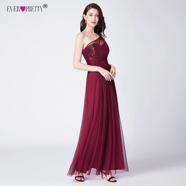 Burgundy Evening Dresses Ever Pretty EP07446 Elegant A-line Tulle One-shoulder Sleeveless Sequined Long Party Gowns Robe Soiree