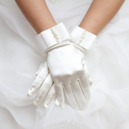 Short Full Fingers Faux Pearl Beaded Womens Bridal Wedding Gloves With Bow Satin