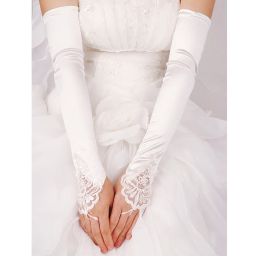 Womens Long Gloves Fingerless Embroidery Lace Trim Beaded Sequins Bridal Wedding Accessory