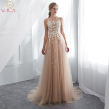 Load image into Gallery viewer, Champagne Prom Dresses Walk Beside You O-neck Transparent Lace Applique A-line Sleeveless Sweep Train Long Party Evening Gowns