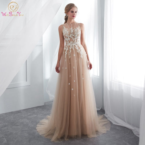 Champagne Prom Dresses Walk Beside You O-neck Transparent Lace Applique A-line Sleeveless Sweep Train Long Party Evening Gowns
