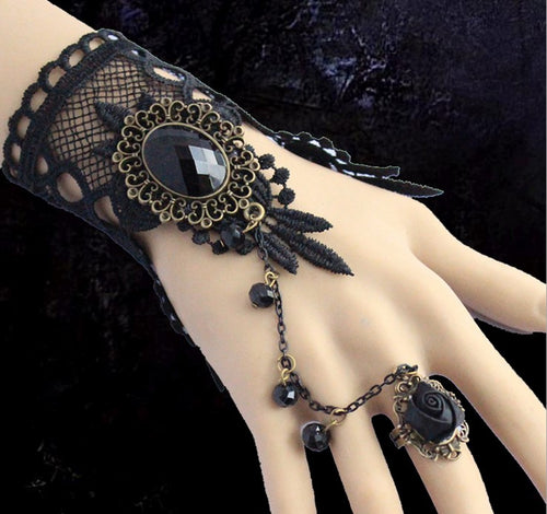 New Arrival Vintage Black Lace Flowers Fingerless Bridal Gloves+Alloy Ring/Bridal Bracelet 1143