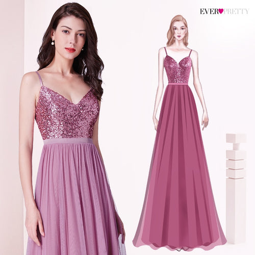 Long Bridesmaids Dresses Ever Pretty EP07392 Elegant A Line V Neck Tulle Wedding Party Gowns Sequins Vestidos De Damas De Honor