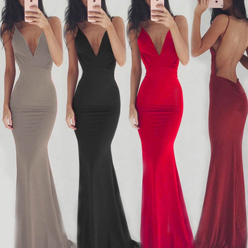 Sexy Backless Mermaid Long Prom Dresses Spaghetti Strap Deep V-Neck Abendkleider Floor-Length Solid Color Women Vestido De Festa