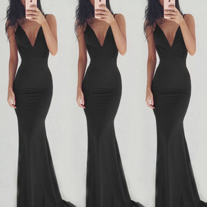 Sexy Backless Mermaid Long Prom Dresses Spaghetti Strap Deep V-Neck Abendkleider Floor-Length Solid Color Women Vestido De Festa