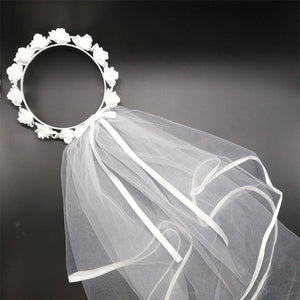 Women Bridal Veil White Flower Hair Wreath Garland Wedding Headband Crown Adjustable Lace Up Ribbon Bachelorette Party Accessory