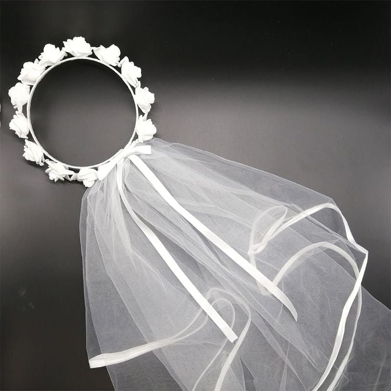 Women Bridal Veil White Flower Hair Wreath Garland Wedding Headband Crown Adjustable Lace Up Ribbon Bachelorette Party Accessory