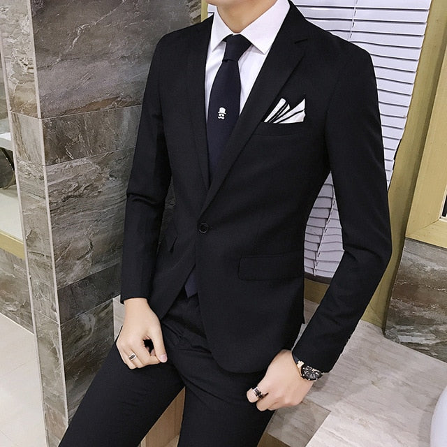 2pcs/set 2019 new fashion Korean style Slim Black Mens suit with pants High quality wedding suits for men dress Clothing men's