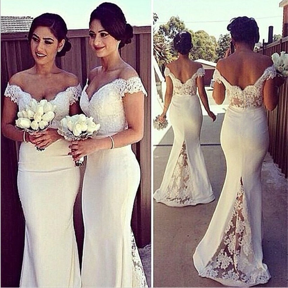 Women Fashion Elegant Off Shoulder Lace Bridesmaid Dresses Sexy Cap Sleeve Mermaid White Backless Wedding Guest Party Dresses