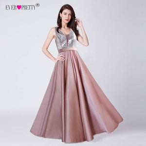 Ever Pretty V-Neck Sequined Bodice Backless A Line Long Evening Dresses Elegant Vestido De Festa  Satin Prom Gowns