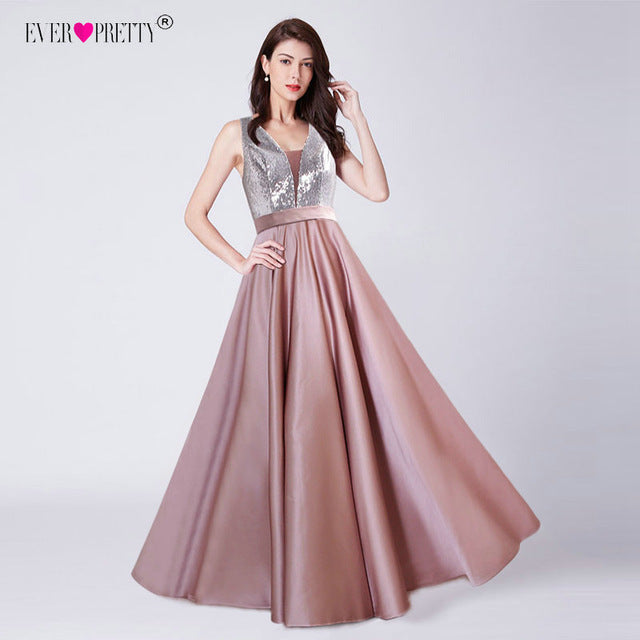 Ever Pretty V-Neck Sequined Bodice Backless A Line Long Evening Dresses Elegant Vestido De Festa  Satin Prom Gowns