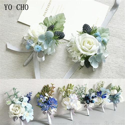 Wedding Accessories Boutonnieres Men Ribbon White Roses Blue Orchid Marriage Corsages Boutonnieres Groom Wedding Supplies