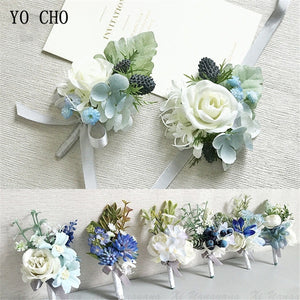 Wedding Accessories Boutonnieres Men Ribbon White Roses Blue Orchid Marriage Corsages Boutonnieres Groom Wedding Supplies