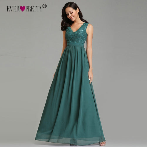Sexy Prom Dresses Long Elegant A-line Chiffon Green Lace V-neck Party Gowns Ever Pretty EZ07577 Fashion Pleated Robe De Soiree