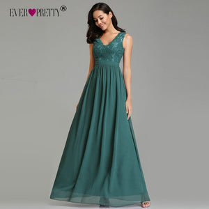 Sexy Prom Dresses Long Elegant A-line Chiffon Green Lace V-neck Party Gowns Ever Pretty EZ07577 Fashion Pleated Robe De Soiree