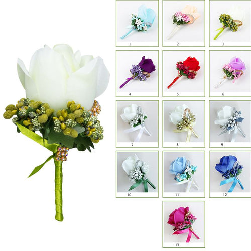 Wedding Artificial Rose Flower Brooch Bouquet Corsage Glitter Rhinestone Ribbon Lace Classic Prom Boutonniere With Pin