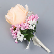Load image into Gallery viewer, Wedding Artificial Rose Flower Brooch Bouquet Corsage Glitter Rhinestone Ribbon Lace Classic Prom Boutonniere With Pin