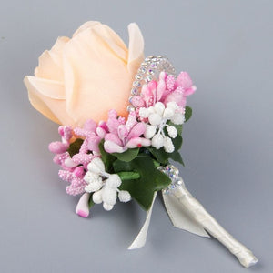 Wedding Artificial Rose Flower Brooch Bouquet Corsage Glitter Rhinestone Ribbon Lace Classic Prom Boutonniere With Pin