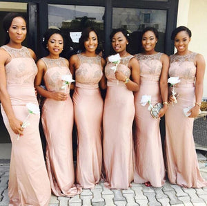 Peach 2020 Cheap Bridesmaid Dresses Under 50 Mermaid High Collar Floor Length Lace Long Wedding Party Dresses