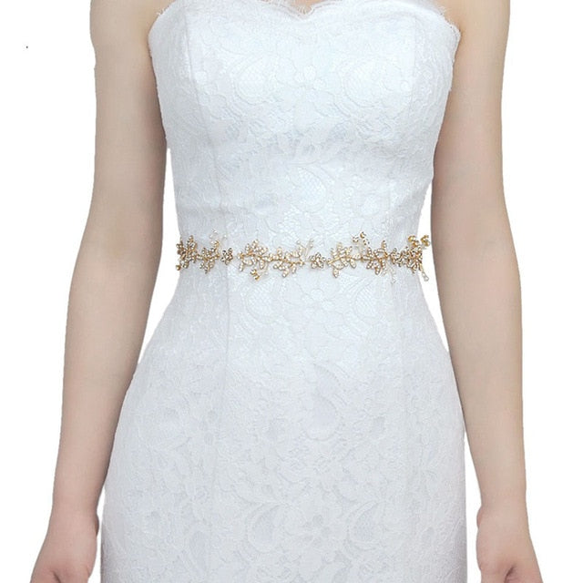 Gold Flowers Wedding Bridal Belts with Pearls and Rhinestone Sash Headband for The Bride Wedding Accessories Belts on The Dress