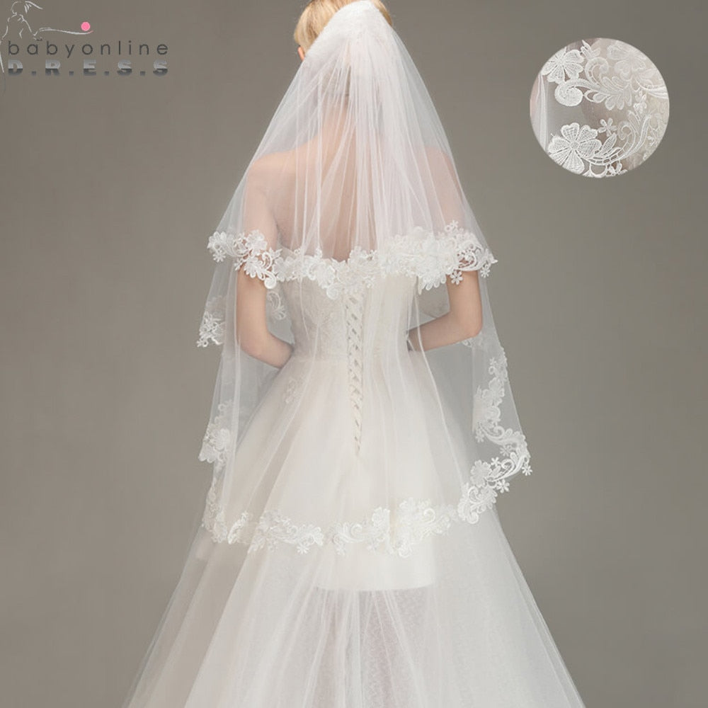Voile Mariage 1.5M Lace Edge Short Wedding Veil with Comb Two Layers Tulle Bridal Veil Cheap Wedding Accessories Veu de Noiva