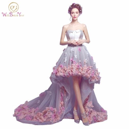 2020 Flowers Prom Dresses Short Front Long Back Evening Gown Gray Organza Fashion Party Formal Gown for Graduation