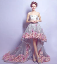 Load image into Gallery viewer, 2020 Flowers Prom Dresses Short Front Long Back Evening Gown Gray Organza Fashion Party Formal Gown for Graduation
