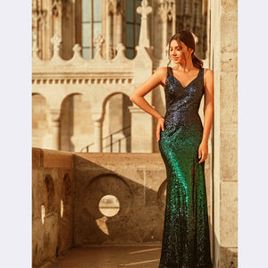 Mermaid Prom Dresses 2019 Sexy Leg Slit Sequined Sparkle Vestidos De Gala	New Arrival V-neck Sleeveless Elegant Gala Jurken