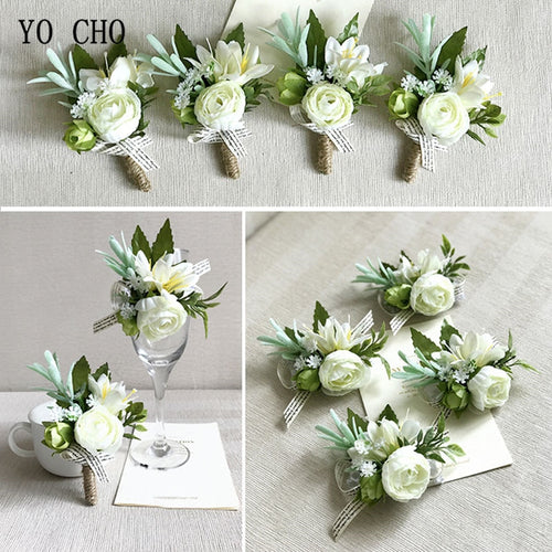 Wrist Corsage White Rose Silk Flower Cuff Bracelets Bridesmaid Buttonhole Boutonniere Flower Marriage Wedding Accessories