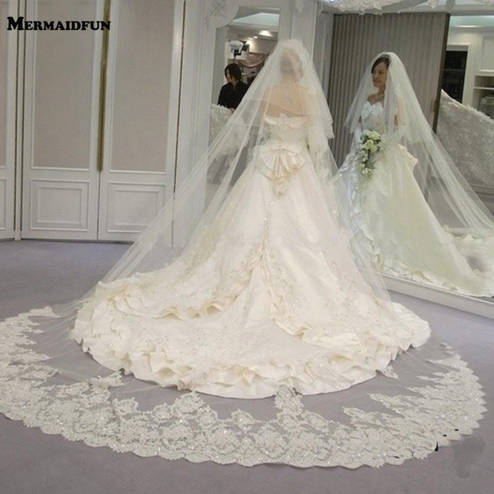 2019 Real Photos High Quality 2 Tiers Blusher Cover Face Cathedral Shining Sequined Lace Wedding Veil with Comb New Bridal Veil