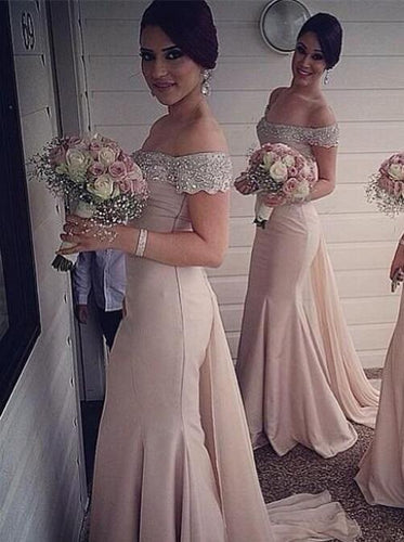 Pink 2020 Cheap Bridesmaid Dresses Under 50 Mermaid Off The Shoulder Chiffon Beaded Long Wedding Party Dresses For Women
