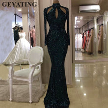 Load image into Gallery viewer, Dark Green Sequined High Neck Mermaid Evening Dresses 2019 Long Sleeves Hollow Cut-Out Long Gold Prom Formal Dress Party Gowns