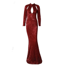 Load image into Gallery viewer, Dark Green Sequined High Neck Mermaid Evening Dresses 2019 Long Sleeves Hollow Cut-Out Long Gold Prom Formal Dress Party Gowns