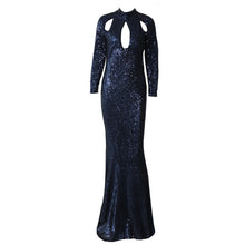 Load image into Gallery viewer, Dark Green Sequined High Neck Mermaid Evening Dresses 2019 Long Sleeves Hollow Cut-Out Long Gold Prom Formal Dress Party Gowns