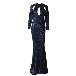 Dark Green Sequined High Neck Mermaid Evening Dresses 2019 Long Sleeves Hollow Cut-Out Long Gold Prom Formal Dress Party Gowns