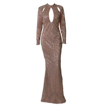 Load image into Gallery viewer, Dark Green Sequined High Neck Mermaid Evening Dresses 2019 Long Sleeves Hollow Cut-Out Long Gold Prom Formal Dress Party Gowns