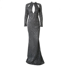 Load image into Gallery viewer, Dark Green Sequined High Neck Mermaid Evening Dresses 2019 Long Sleeves Hollow Cut-Out Long Gold Prom Formal Dress Party Gowns