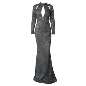 Dark Green Sequined High Neck Mermaid Evening Dresses 2019 Long Sleeves Hollow Cut-Out Long Gold Prom Formal Dress Party Gowns