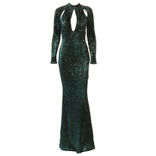 Load image into Gallery viewer, Dark Green Sequined High Neck Mermaid Evening Dresses 2019 Long Sleeves Hollow Cut-Out Long Gold Prom Formal Dress Party Gowns