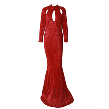 Load image into Gallery viewer, Dark Green Sequined High Neck Mermaid Evening Dresses 2019 Long Sleeves Hollow Cut-Out Long Gold Prom Formal Dress Party Gowns