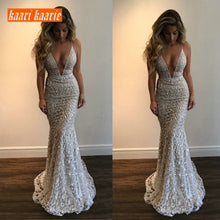 Load image into Gallery viewer, Luxury Gray Lace Mermaid Long Formal Dress Evening 2019 Evening Gown Women V-Neck Sleeveless Banquet reflective Party Dresses
