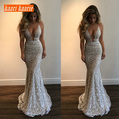 Luxury Gray Lace Mermaid Long Formal Dress Evening 2019 Evening Gown Women V-Neck Sleeveless Banquet reflective Party Dresses