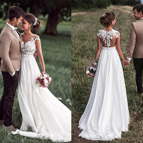 Beach Lace Appliques Bride Dress New Cap-Sleeves Slit Side Buttons White/Ivory Wedding Dresses 2020